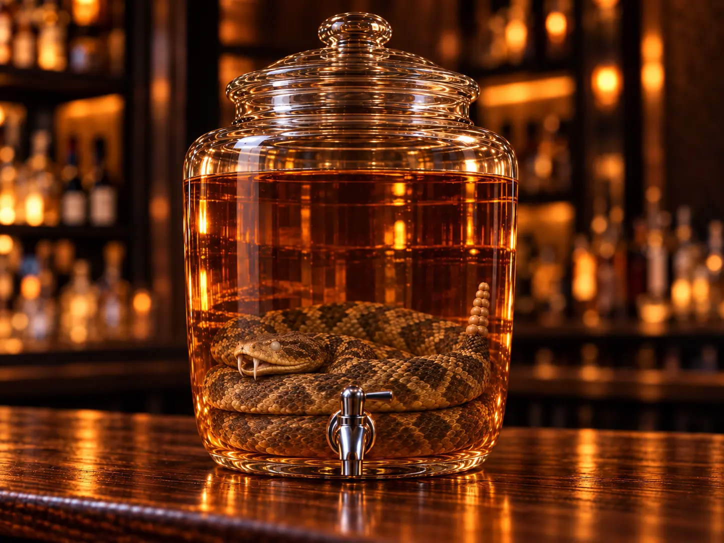 A rattlesnake preserved in amber spirits inside a glass dispenser on a wooden bar